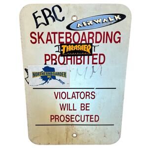 Vtg 90s Skateboarding Prohibited Metal Sign Thrasher Airwalk Graffiti Skate Shop